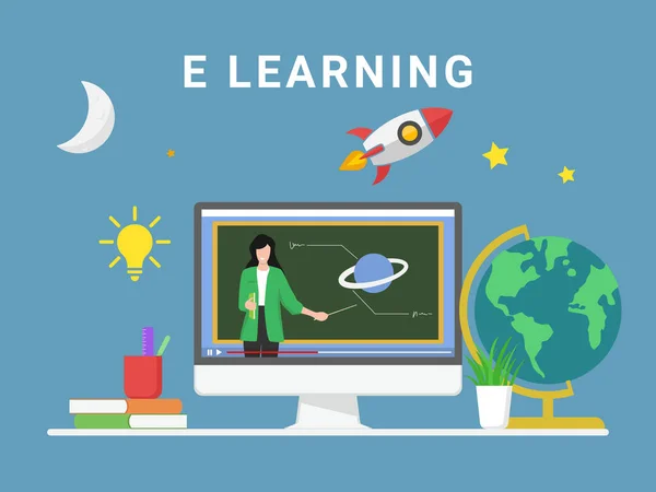 Learning Online Oktatási Koncepció Távoktatás Online Természettudományi Leckét Számítógépes Videóhívással — Stock Vector