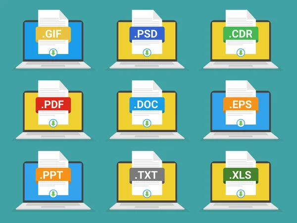 Dateiformate Auf Laptop Flachbildschirmen Eingestellt Weißbuch Dokumentieren Piktogramme Mit Verschiedenen — Stockvektor