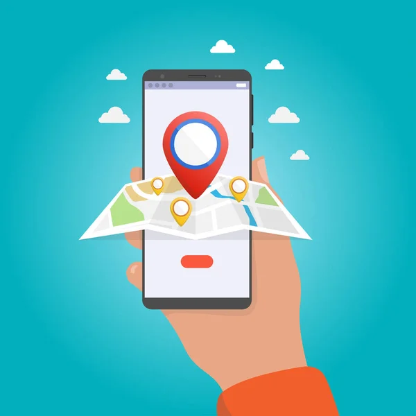 Erkek, elinde harita ve işaretleyici ile telefonu tutuyor. Mobil GPS navigasyon ve izleme konsepti. Web siteleri ve afişler için düz vektör çizimi. Dokunmatik ekran akıllı telefonundaki konum izleme uygulaması