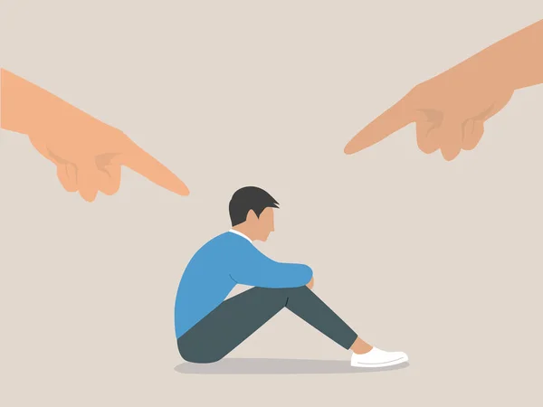 Bullying Apuntar Dedo Odio Triste Personaje Masculino Abrazando Sus Rodillas — Vector de stock