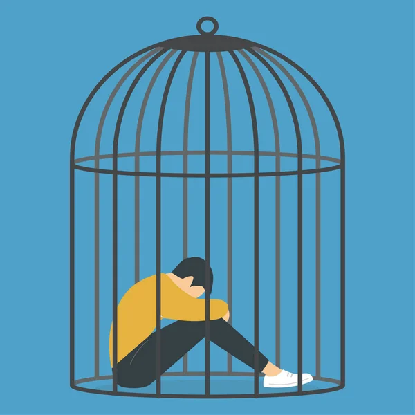 Enfermement Quarantaine Dépression Désespoir Jeune Homme Assis Dans Une Cage — Image vectorielle