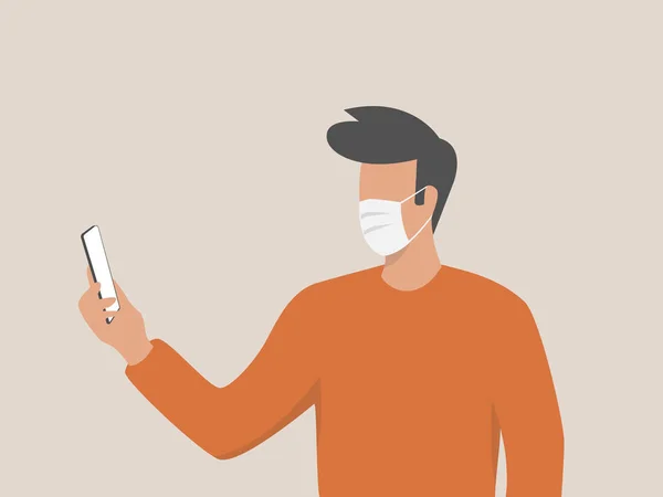 Giovane Uomo Con Maschera Medica Contro Covid Utilizzando Smartphone Social — Vettoriale Stock