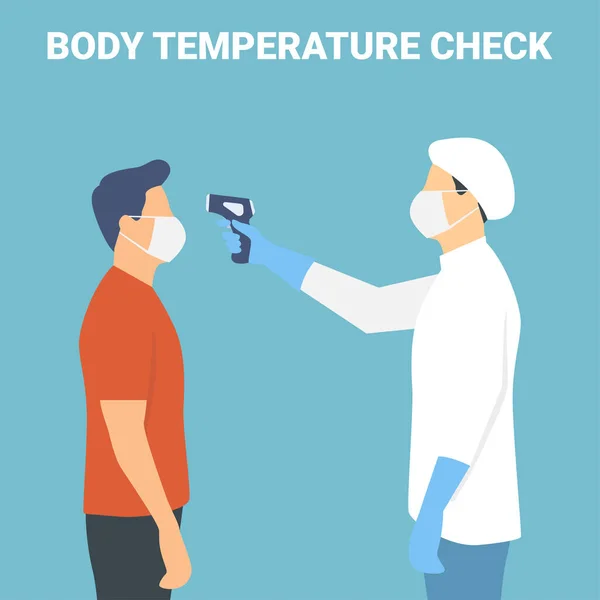 Verificación Temperatura Doctor Sosteniendo Termómetro Sin Contacto Mano Máscara Cara — Vector de stock