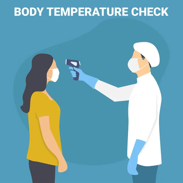 Verificação Temperatura Doutor Segurando Termômetro Sem Contato Mão Máscara Cara —  Vetores de Stock