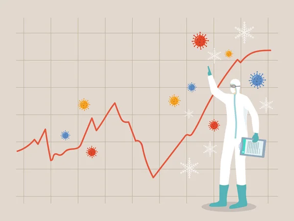 Medicinsk Frontlinje Personal Stående Med Spik Covid Fall Diagram Eller — Stock vektor