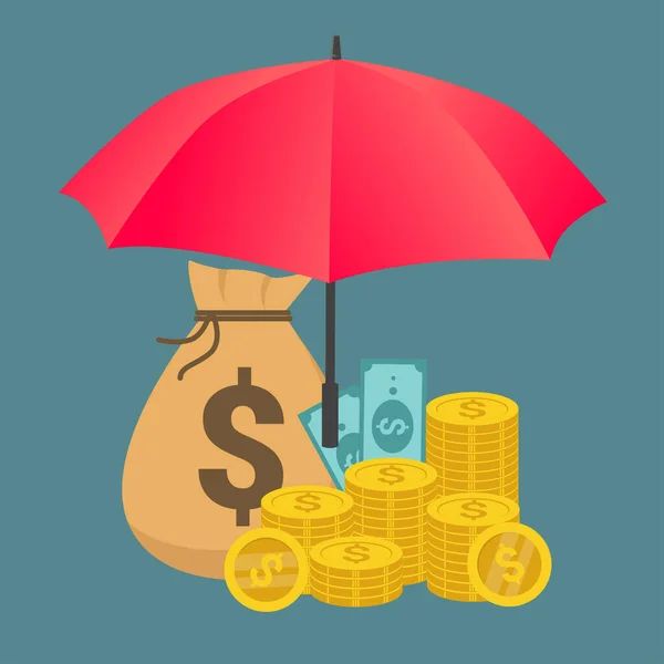 Σχέδιο Προστασίας Χρημάτων Μια Τσάντα Κέρματα Κάτω Από Μια Ομπρέλα — Διανυσματικό Αρχείο