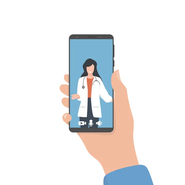 Hasta Ele Tutuşup Ekranda Doktorla Mobil Uygulama Kullanıyor Sağlık Tıbbi — Stok Vektör