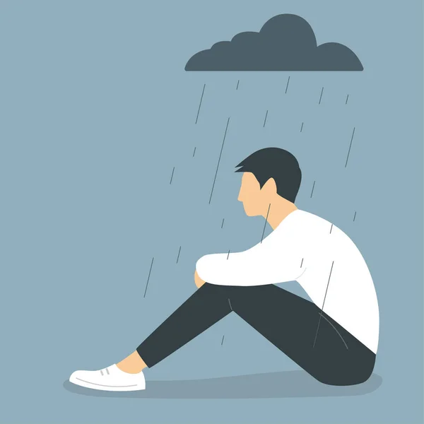 Joven Deprimido Personaje Masculino Sentado Bajo Lluvia Sosteniendo Sus Rodillas — Vector de stock