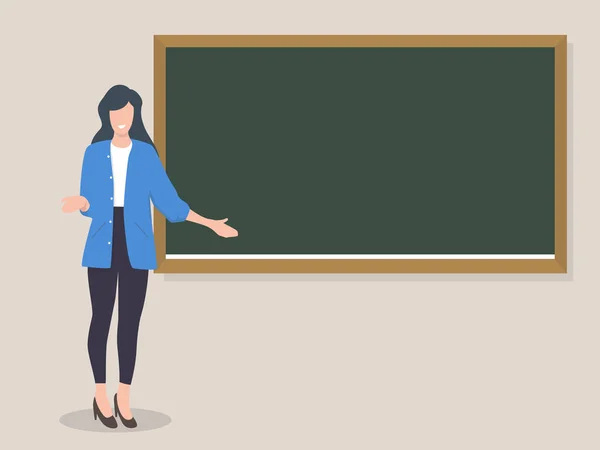 Teacher Woman Stands Pointer Her Hand Blackboard Back School Favorite — Stock Vector