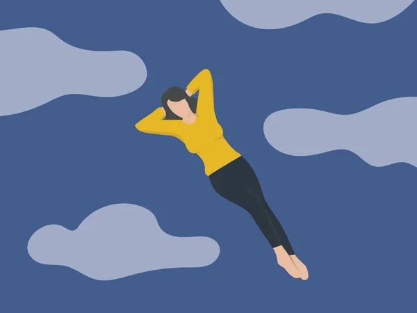 Joven Personaje Femenino Soñador Mirando Cielo Clima Nublado Mente Meditativa — Vector de stock