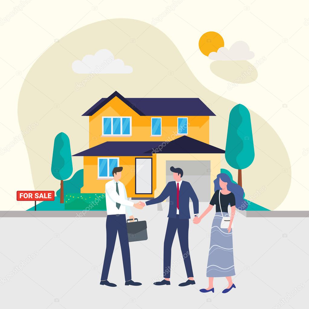 Real estate agent or broker shaking hands with people buying or renting house. Colorful vector illustration in flat cartoon style for advertisement of property selling.