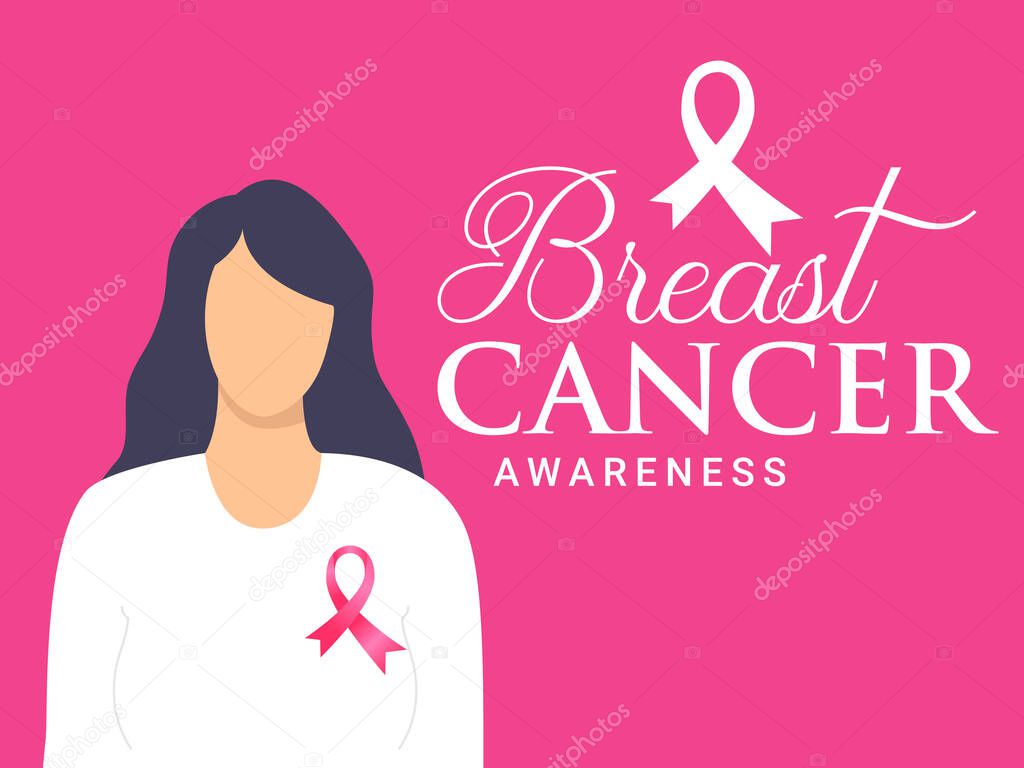 woman with pink ribbons, Breast cancer awareness prevention month banner. Concept of support and solidarity with females fighting oncological disease