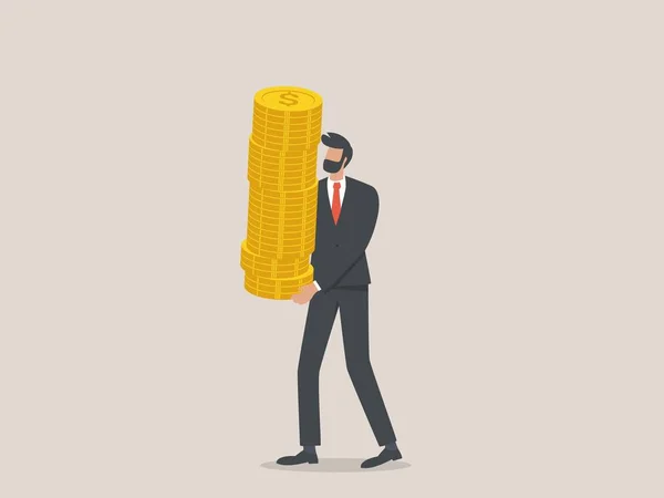 Successful Business Man Carry Stack Dollar Coins Financial Profit Salary — Stock Vector