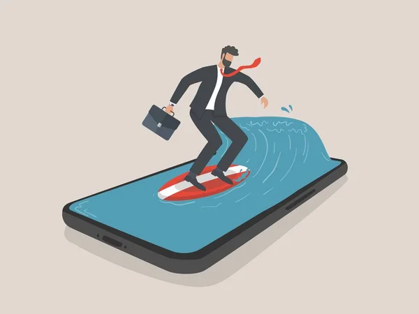 Empresario Surfeando Con Smartphone Marketing Marketing Digital Empresario Tabla Surf — Archivo Imágenes Vectoriales