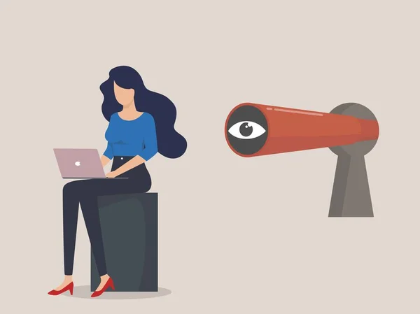 Casusluk, çalışan araması, internet takibi, dizüstü bilgisayarda çalışan genç kadın karakter, anahtar deliğinde dürbün..