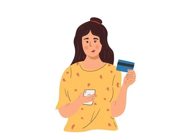 Kvinna Innehav Telefon Och Kreditkort Vektor Tecknad Illustration Online Shopping — Stock vektor