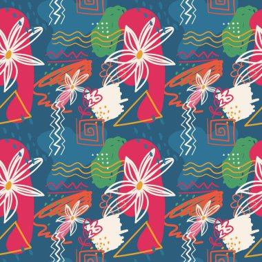 Çiçekli kusursuz desenli karalama sanatı, farklı şekiller ve dokular. Moda Vektörü, Arkaplan, Duvar Kağıdı, Ambalaj kağıdı, Tekstil.