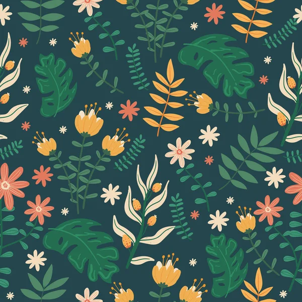 Hand Painted Exotic Floral Seamless Pattern — Stock Vector