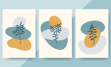 Pastel renklerde çağdaş sanat posterleri koleksiyonu. Soyut geometrik elementler ve yapraklar