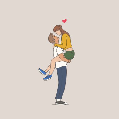 Sevgililer Günü konseptiyle kız arkadaşını tavlayan el çizimi genç bir adam. Çizgi film tarzı.