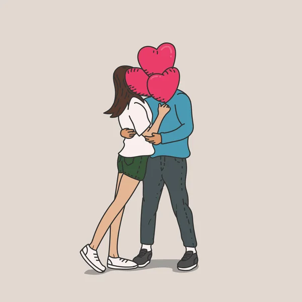 Tangan Digambar Pasangan Muda Bahagia Dengan Balon Jantung Romantis Konsep - Stok Vektor