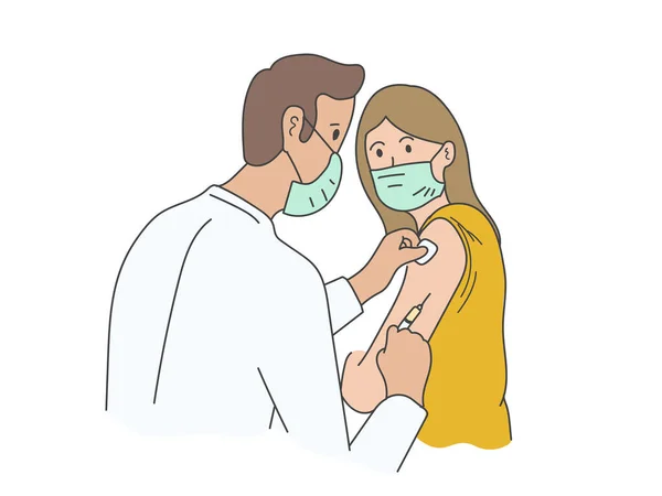 Kézzel Rajzolt Maszkot Viselő Beteg Megkapja Vakcinát Koronavírus Vakcina — Stock Vector