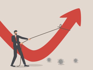 Yeniden yapılanma, bir işadamı düşen kırmızı bir ok çekti, Coronavirüs salgınından sonra Küresel Ekonomiyi Yenilemek İçin Çok Çalışmak.