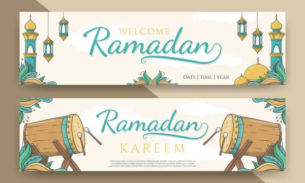 Bandeiras Horizontais Ramadan Kareem Com Ornamento Islâmico Desenhado Mão — Vetor de Stock