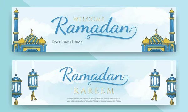 Ramadan Kareem Vízszintes Bannerek Kézzel Rajzolt Iszlám Dísz — Stock Vector