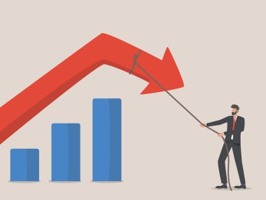 Maliyet azaltma konsepti. İşadamı oku bir iple aşağı çekti.