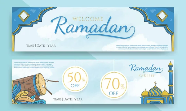 Hand Dras Välkommen Ramadan Och Ramadan Försäljning Banner — Stock vektor