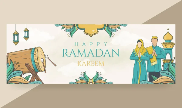 Banner Kareem Ramadan Feliz Desenhado Mão — Vetor de Stock