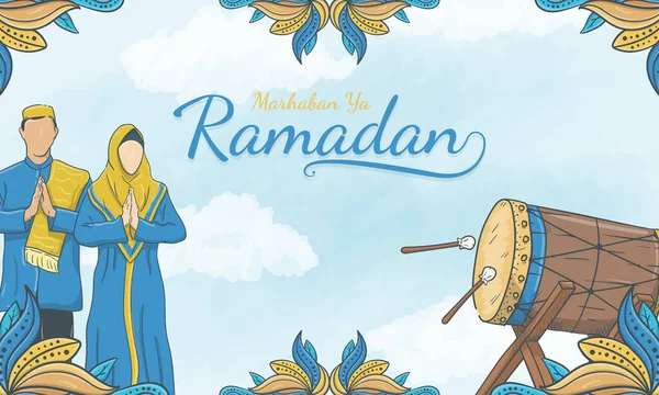 Marhaban Ramadan Desenhado Mão Com Ornamento Islâmico Caráter Muçulmano — Vetor de Stock
