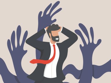 A psychological concept, a businessman character surrounded by giant creeping hands. men who are frightened or stressed out by work pressure. mental health clipart