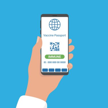 Bağışıklık sistemi Covid-19 'un vektör çizimi akıllı telefon ve dijital aşı pasaportunun uygulanmasıyla sonuçlandı..