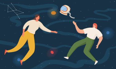 Gezegenler ve yıldızlarla uzayda yüzen iki kadın. Yıldızlarla gökyüzünde uçmak günlük kıyafetlerle