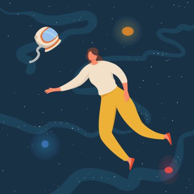 Gezegenler ve yıldızlarla uzayda yüzen kadınlar. Yıldızlarla gökyüzünde uçmak günlük kıyafetlerle