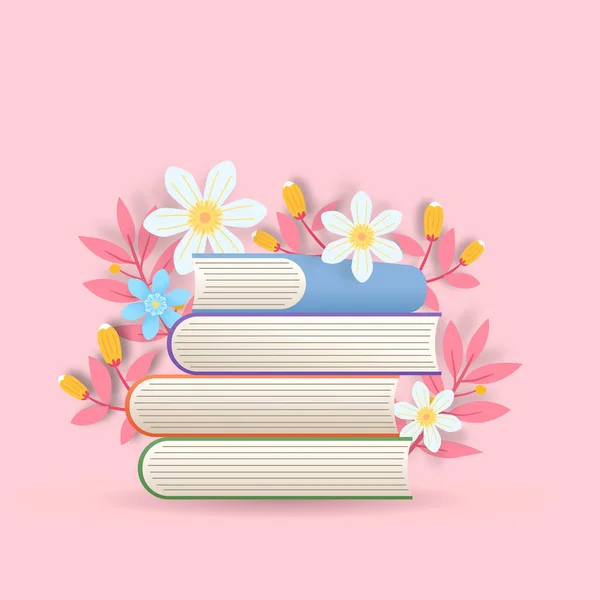 Bunte Illustration Eines Bücherstapels Mit Blumen Auf Rosa Hintergrund — Stockvektor