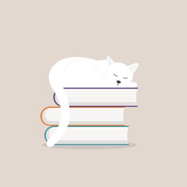 Kedi kitap yığınının üzerinde uyuyor.