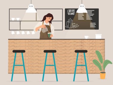 Genç bayan barista müşteri illüstrasyonu için kahve yapıyor.