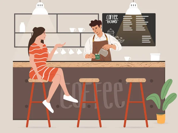 Young Male Barista Making Coffee Talking Customer — Stock Vector