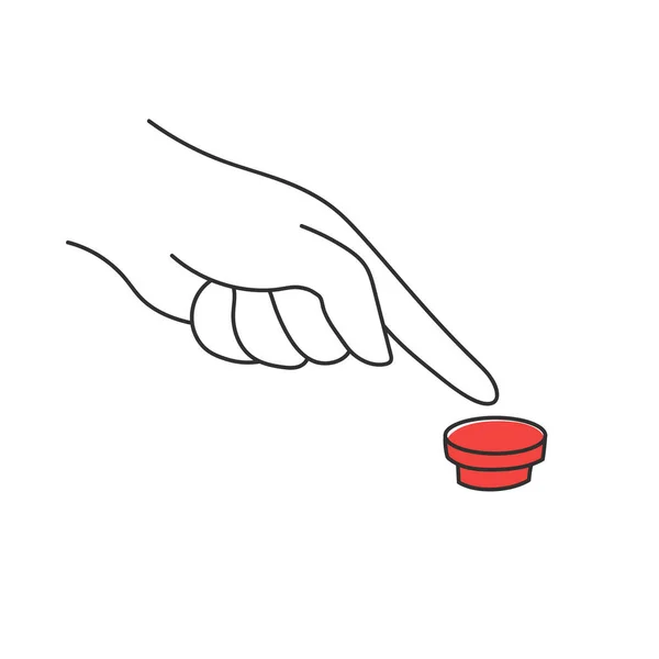 Χειροποίητη Απεικόνιση Του Ανθρώπινου Χεριού Πατήστε Κόκκινο Κουμπί — Διανυσματικό Αρχείο