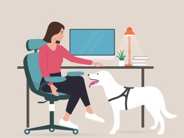 Young business woman working from home with dog