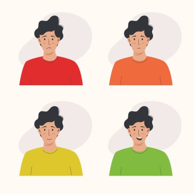 Genç adamın farklı yüz ifadeleri var.