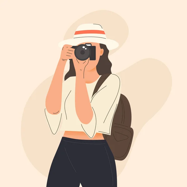 Mujer Joven Tomando Una Foto Con Una Ilustración Cámara — Vector de stock