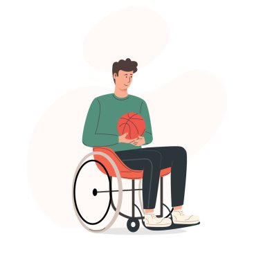 Elinde basketbol topuyla tekerlekli sandalyede oturan gülümseyen genç adam.