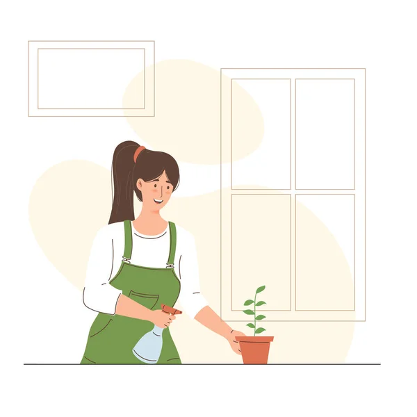 庭の植物に水をやる女性のイラスト — ストックベクタ