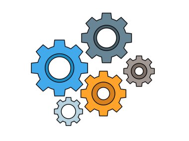 Çeşitli boyutlarda birbirine kenetlenmiş vitesler, takım çalışması, endüstriyel, mühendislik