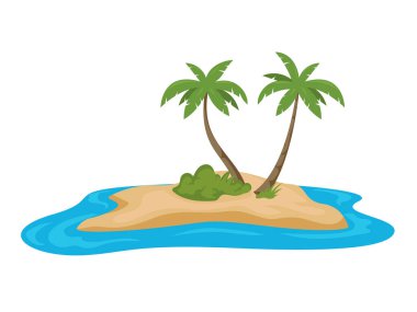 Hindistan cevizi ağacı olan ada, palmiye ağacıyla tropikal kum deniz plajı