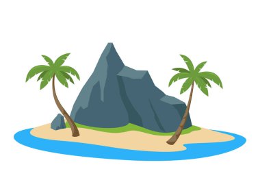 Kayalık ve palmiye ağaçları olan egzotik tropikal ada